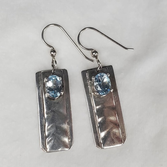 Hand Forged Sterling Silver Dangle Rectangle Earrings with Blue Topaz - Picture 11 of 13